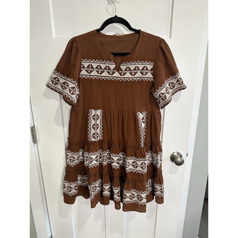 Tea N Rose Embroidered Southwest Aztec Cowgirl 3 Tier Ruffled Dress Sz M
